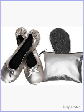 Foldable Ballet Flats with Travel Pouch, Non-Slip Soles, Leather